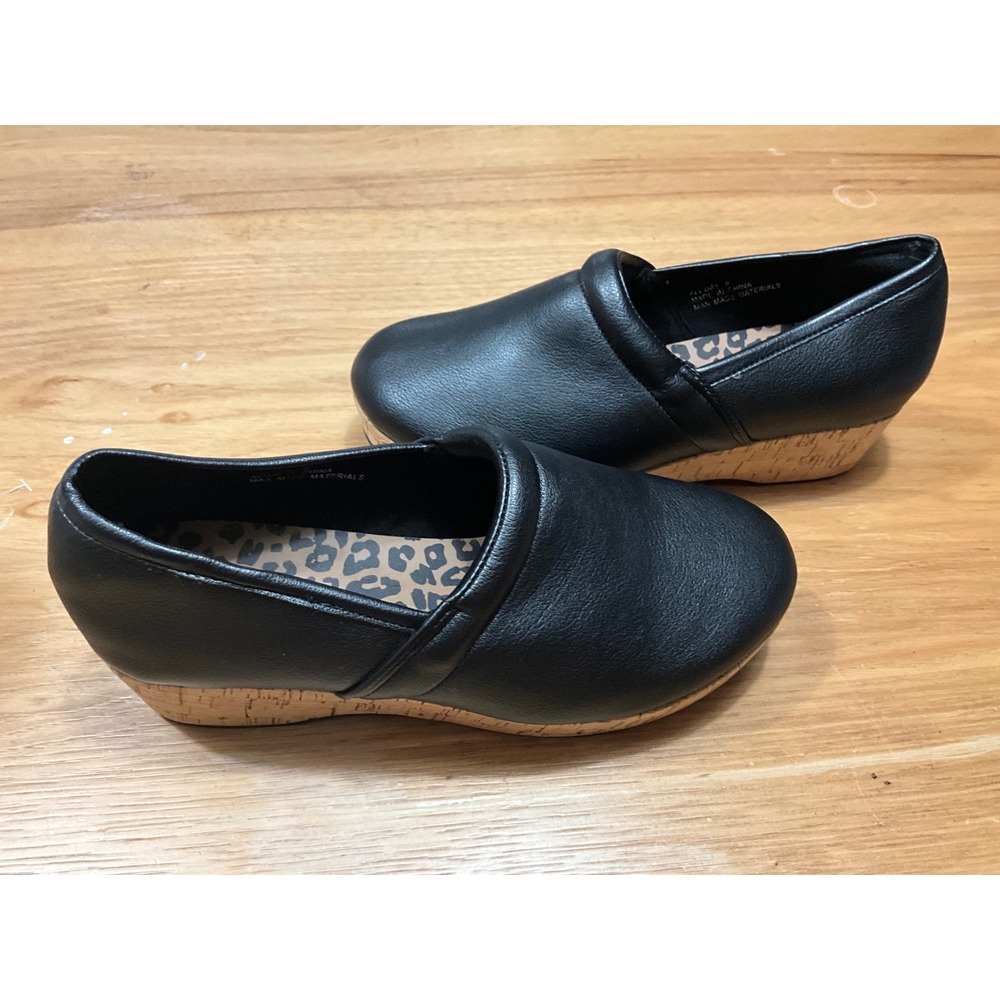 Corkys All Day Black Faux Leather Cork Wedge Platform Clogs Leopard Insole Sz 8
